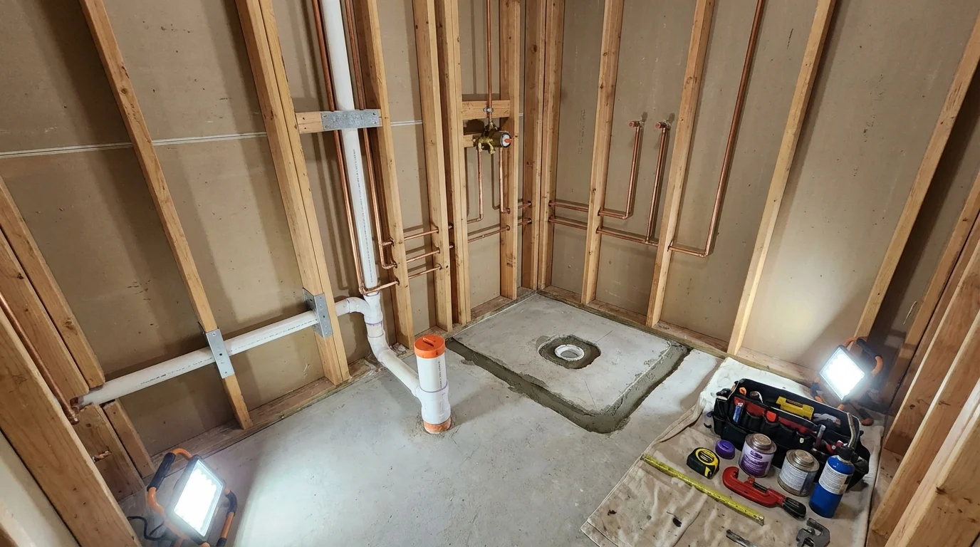Bathroom rough-in plumbing during remodel by Johns Plumbing LLC in Raleigh