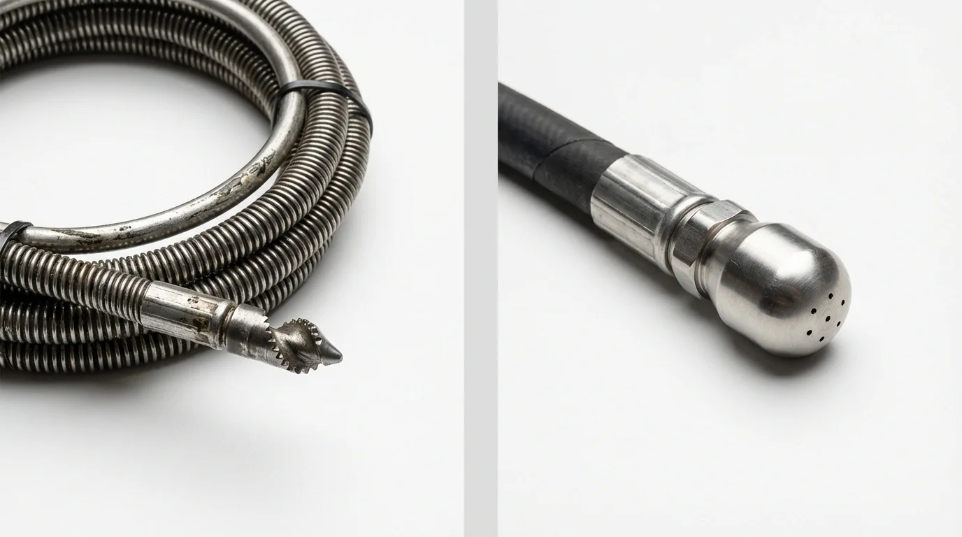 Drain snake cable and hydro jetting nozzle used for drain cleaning in Raleigh, NC