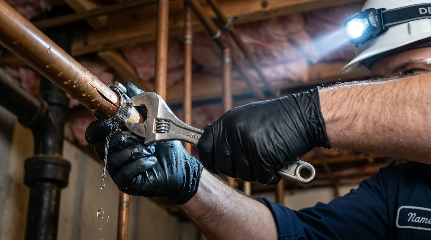 Emergency pipe clamp repair being performed by a Johns Plumbing LLC plumber in Raleigh