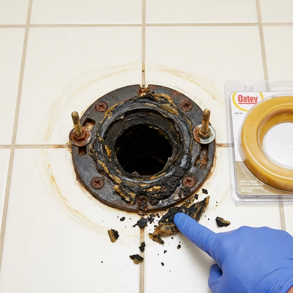 Failed wax ring showing water seepage at the base of a toilet in a Raleigh, NC home