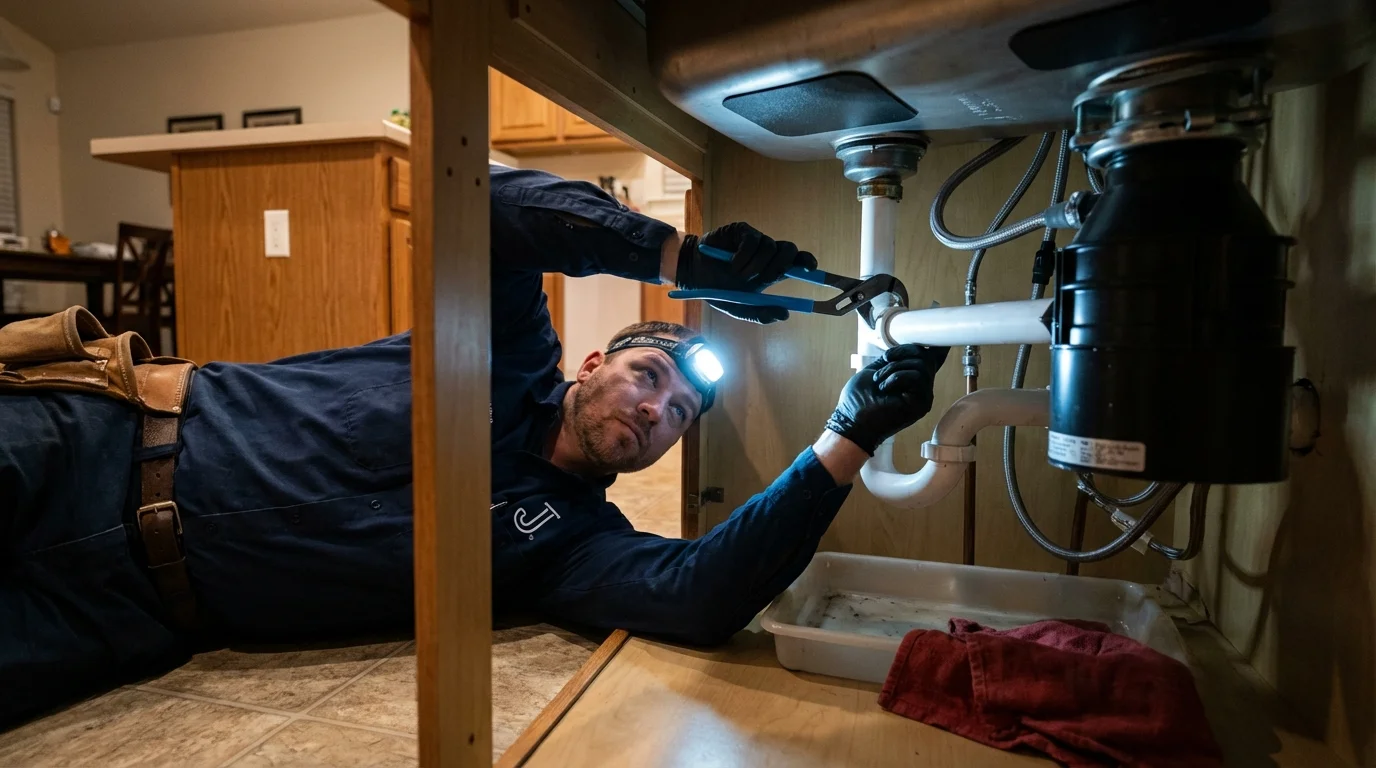 P-trap and supply line connections under a kitchen sink showing a common leak point in Raleigh, NC
